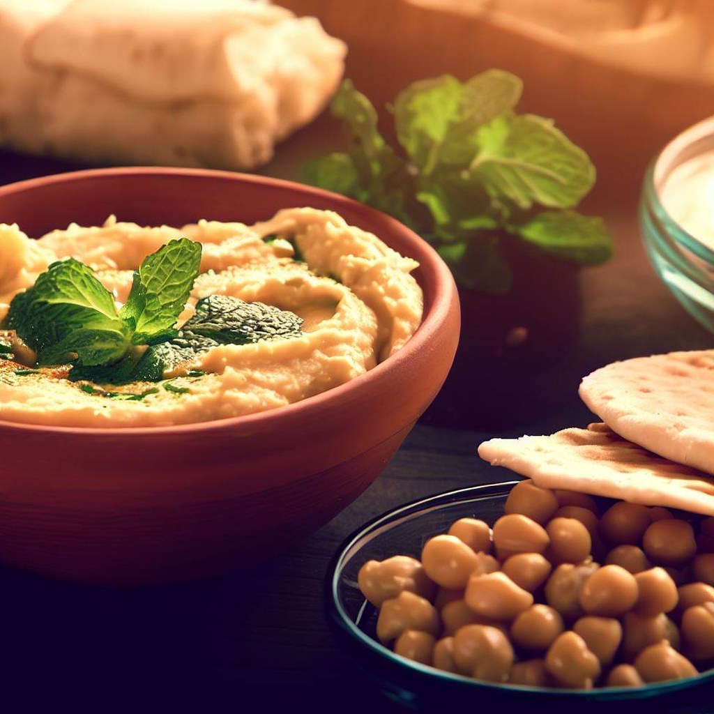 Homemade hummus with mint, chickpeas and pita bread