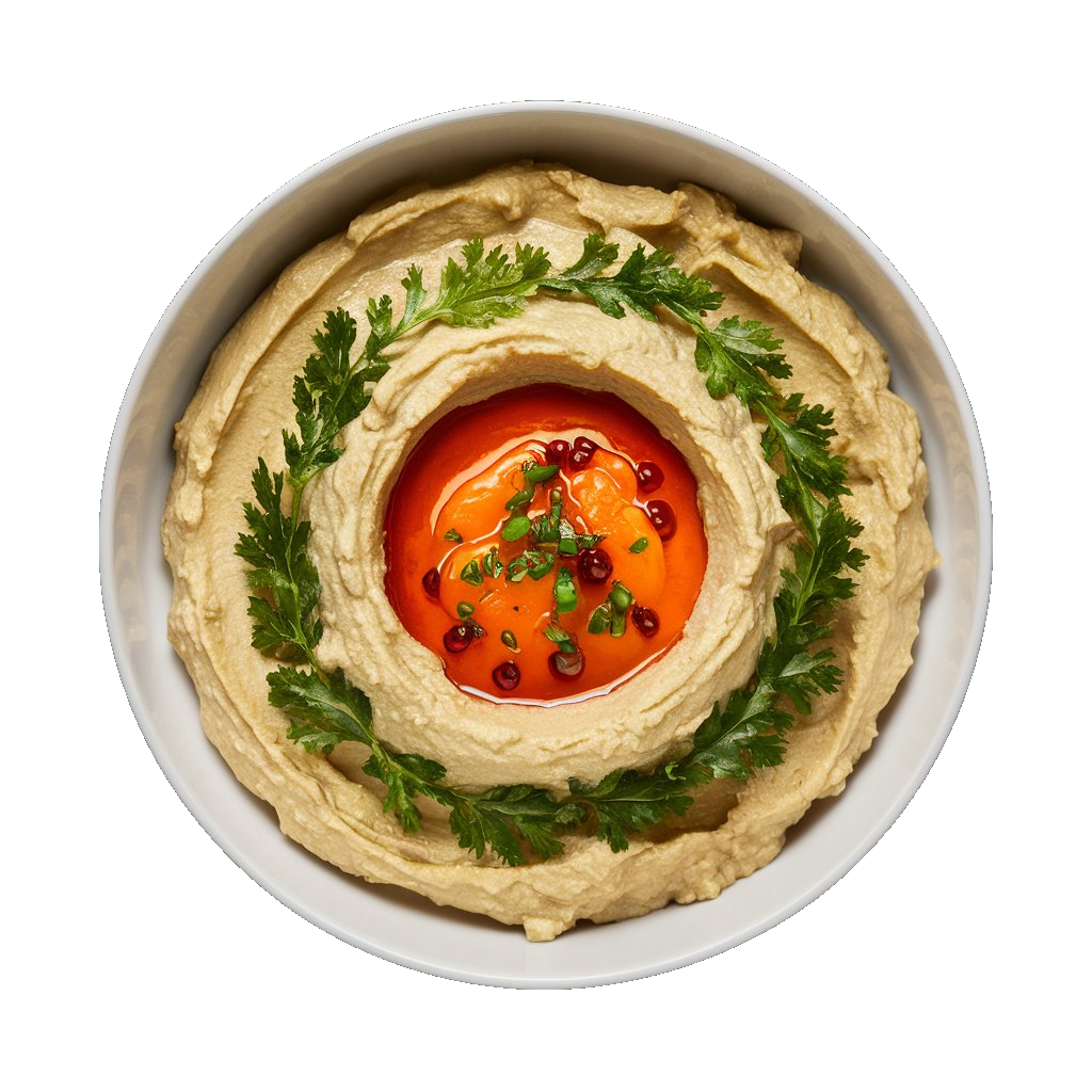Hummus from Village Foods Wholesale, topped with olive oil and parsley