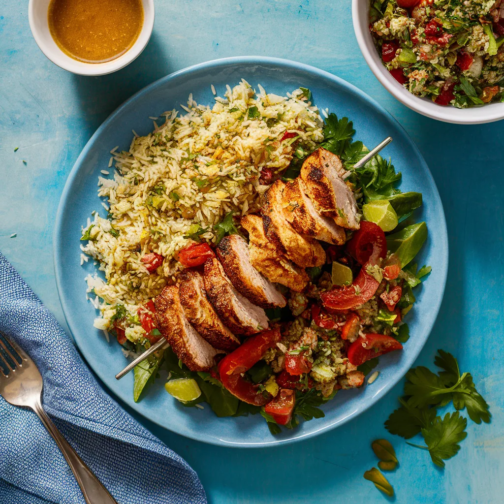 Chicken Shawarma with Tabbouleh and Lebanese Rice, a Mediterranean recipe from Village Foods Wholesale